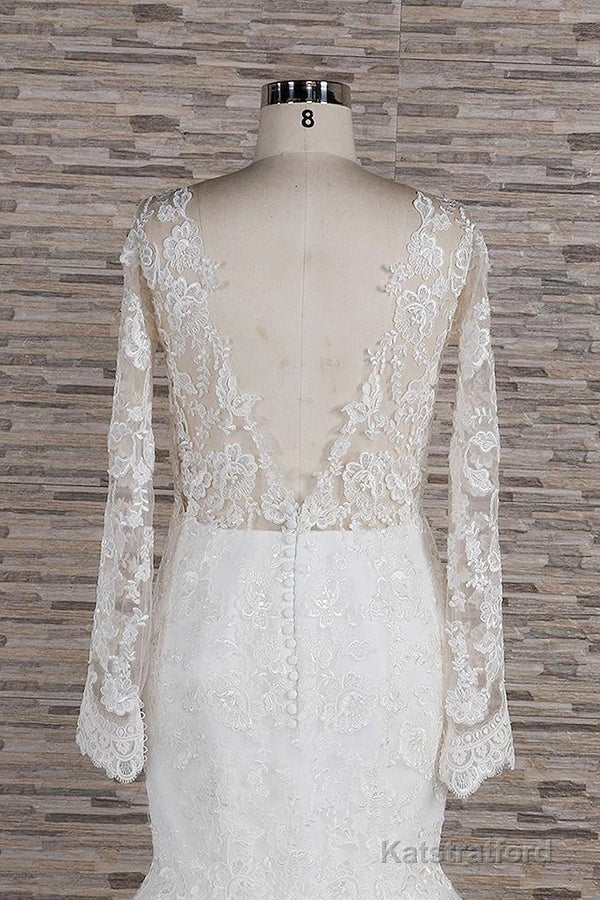 Long Sleeve Mermaid Sweetheart Appliques Lace Backless Wedding Dress