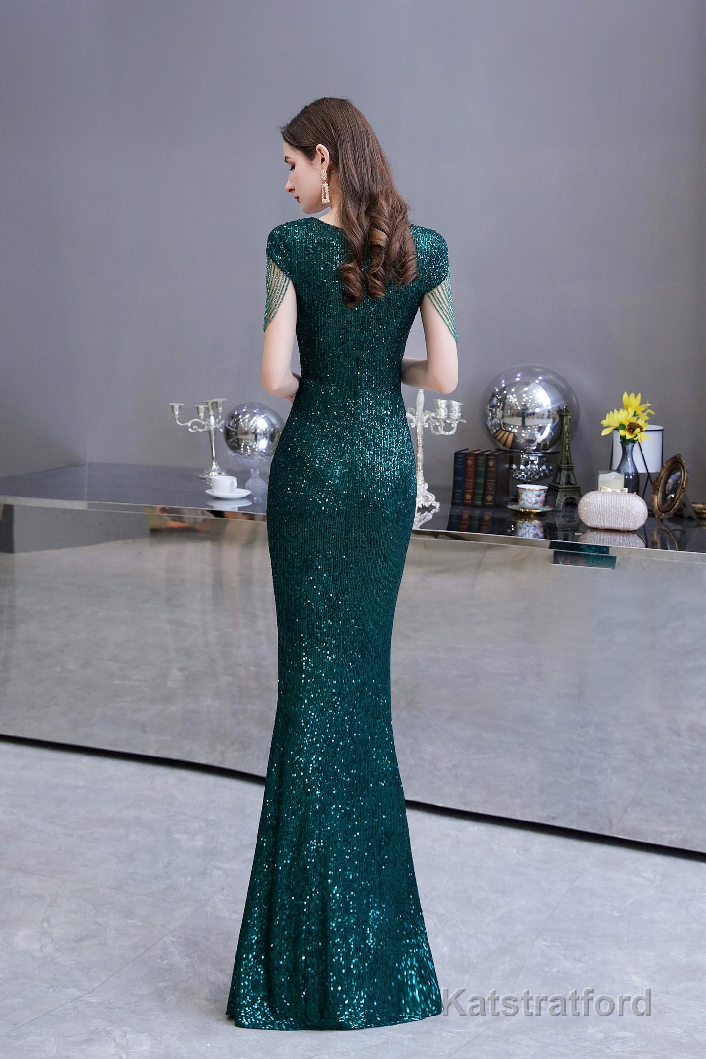 Long Sleeve V Neck Lace Prom Dresses Thin Cap Sleeve