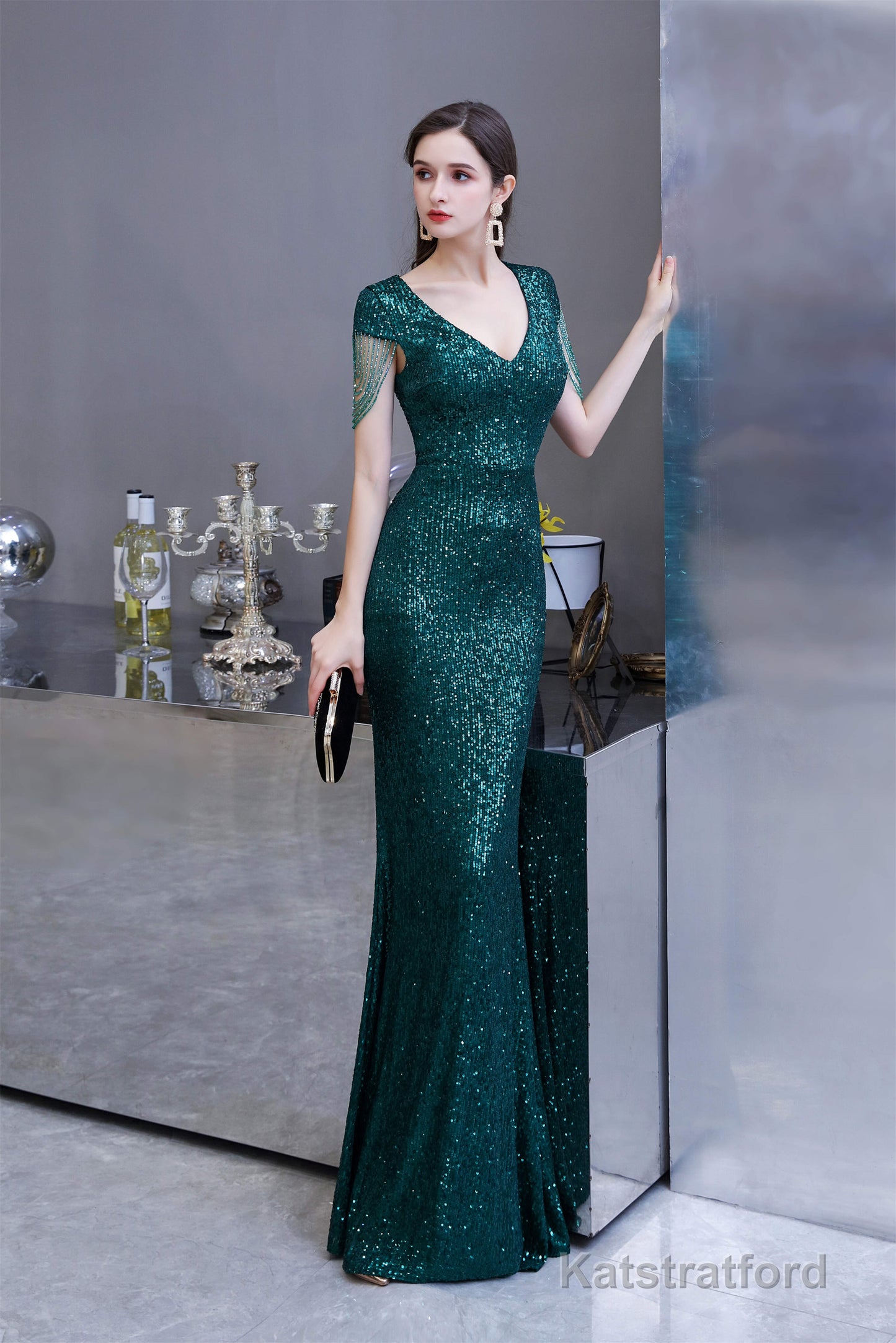 Long Sleeve V Neck Lace Prom Dresses Thin Cap Sleeve