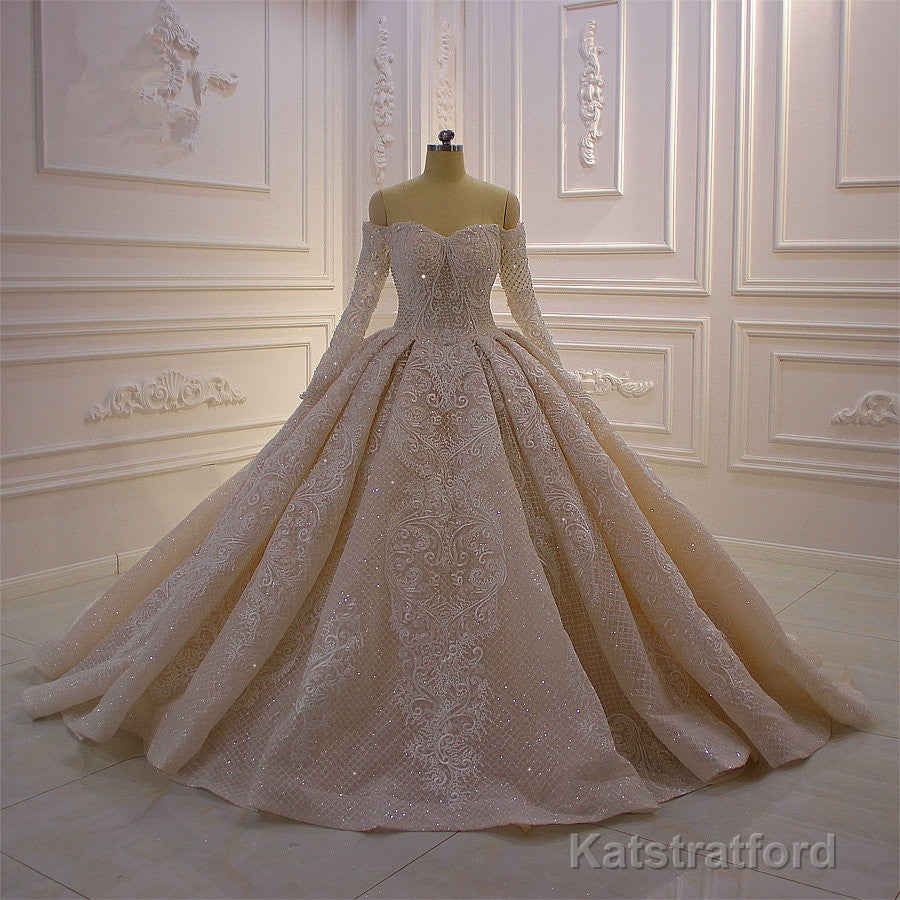 Long Sleevess Ball Gown Off the shoulder Sequins Wedding Dress