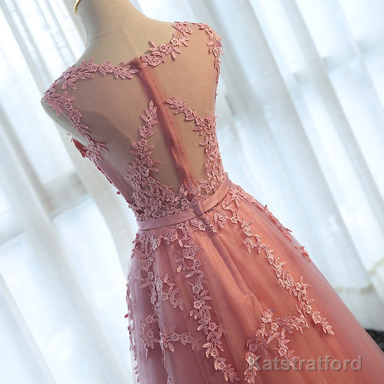 Lovely Round Neckline Tulle Long Prom Dress, Cute A-line Formal Dress