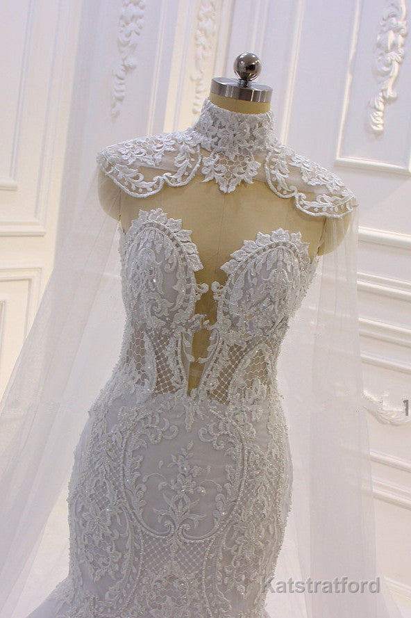 Luxurious 3D Lace Applique High Neck Tulle Mermaid Wedding Dress