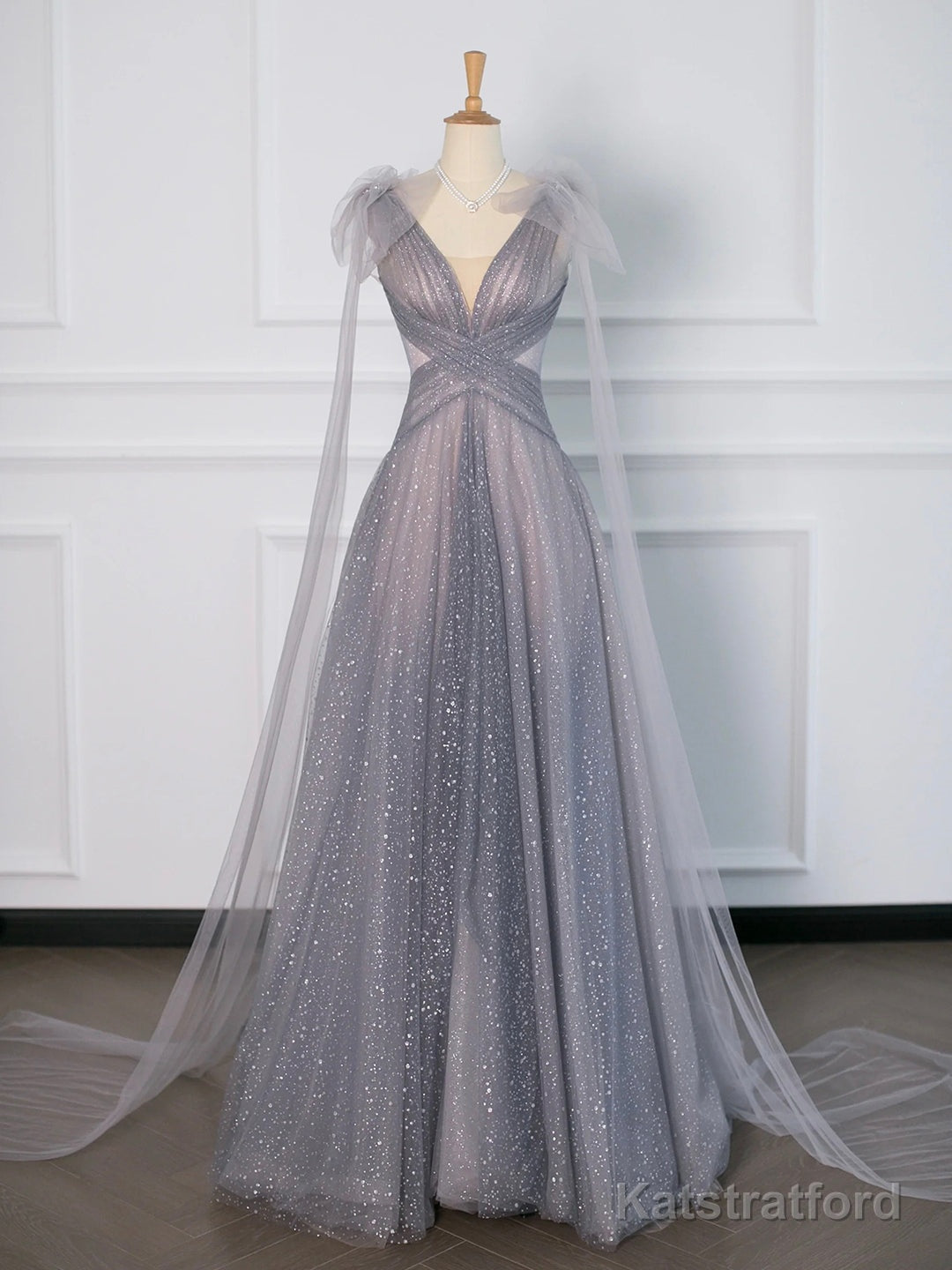 Gray Tulle V-Neck Floor Length Prom Dress, A-Line Backless Evening Party Dress