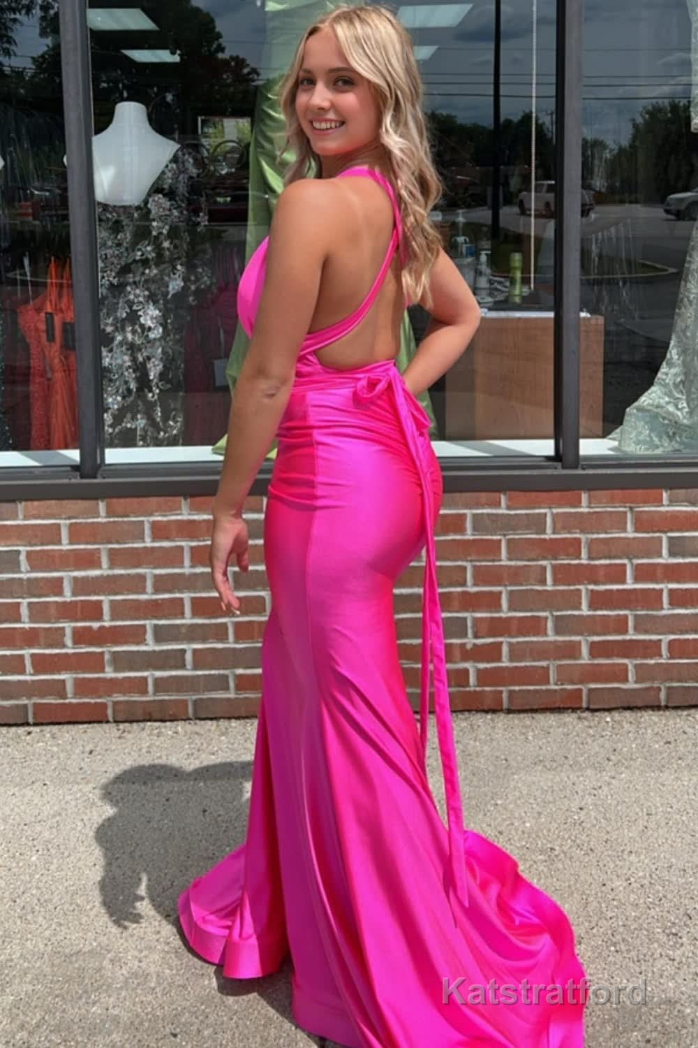 Mermaid Deep V Neck Hot Pink Long Prom Dress with Backless