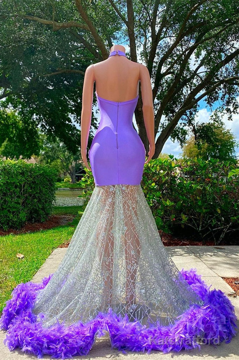 Mermaid High Neck Floor-length Sleeveless Open Back Appliques Lace Beaded Prom Dress With Feather