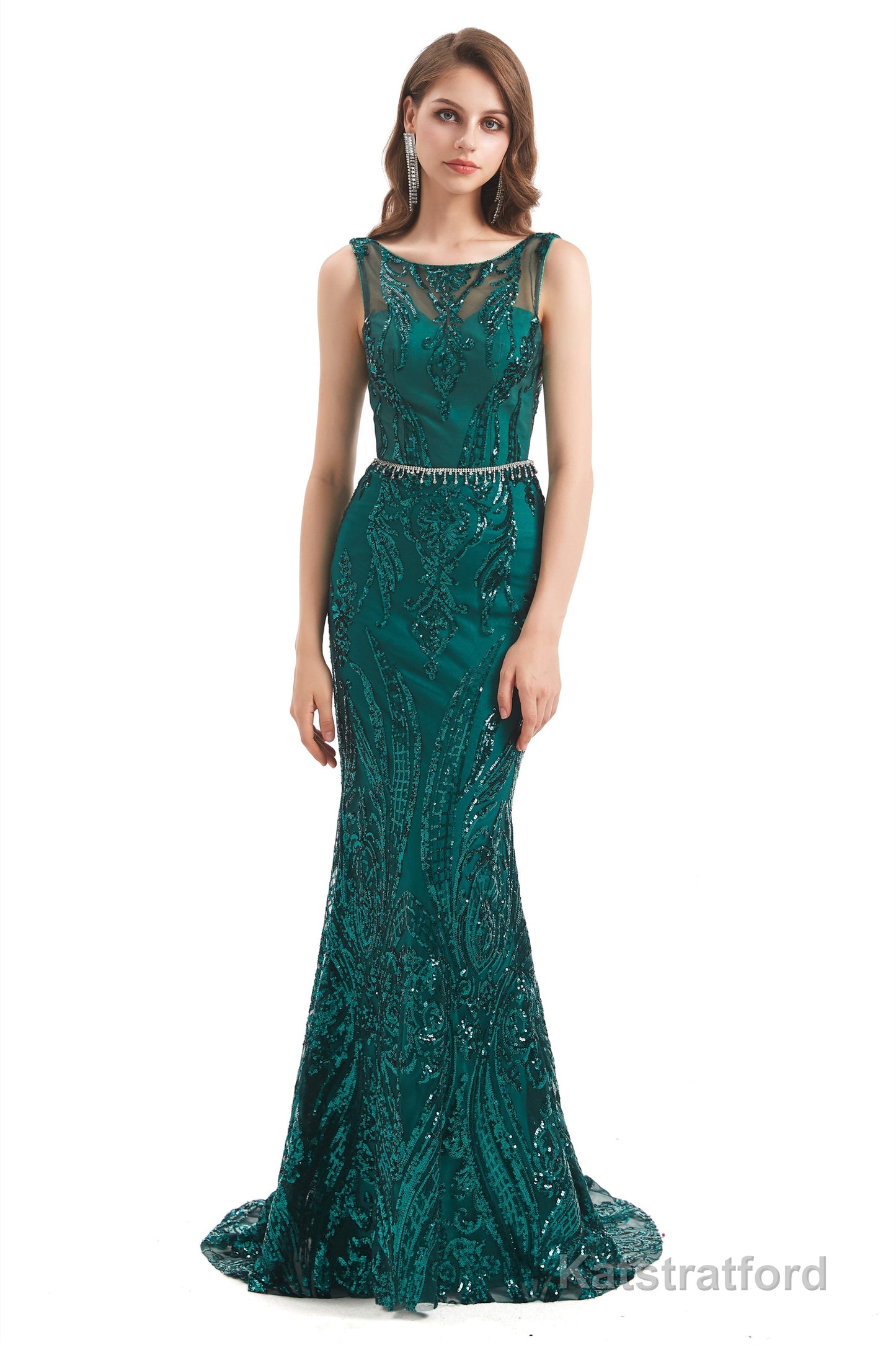 Mermaid Pattern Sleeveless Lace Prom Dresses with Belt