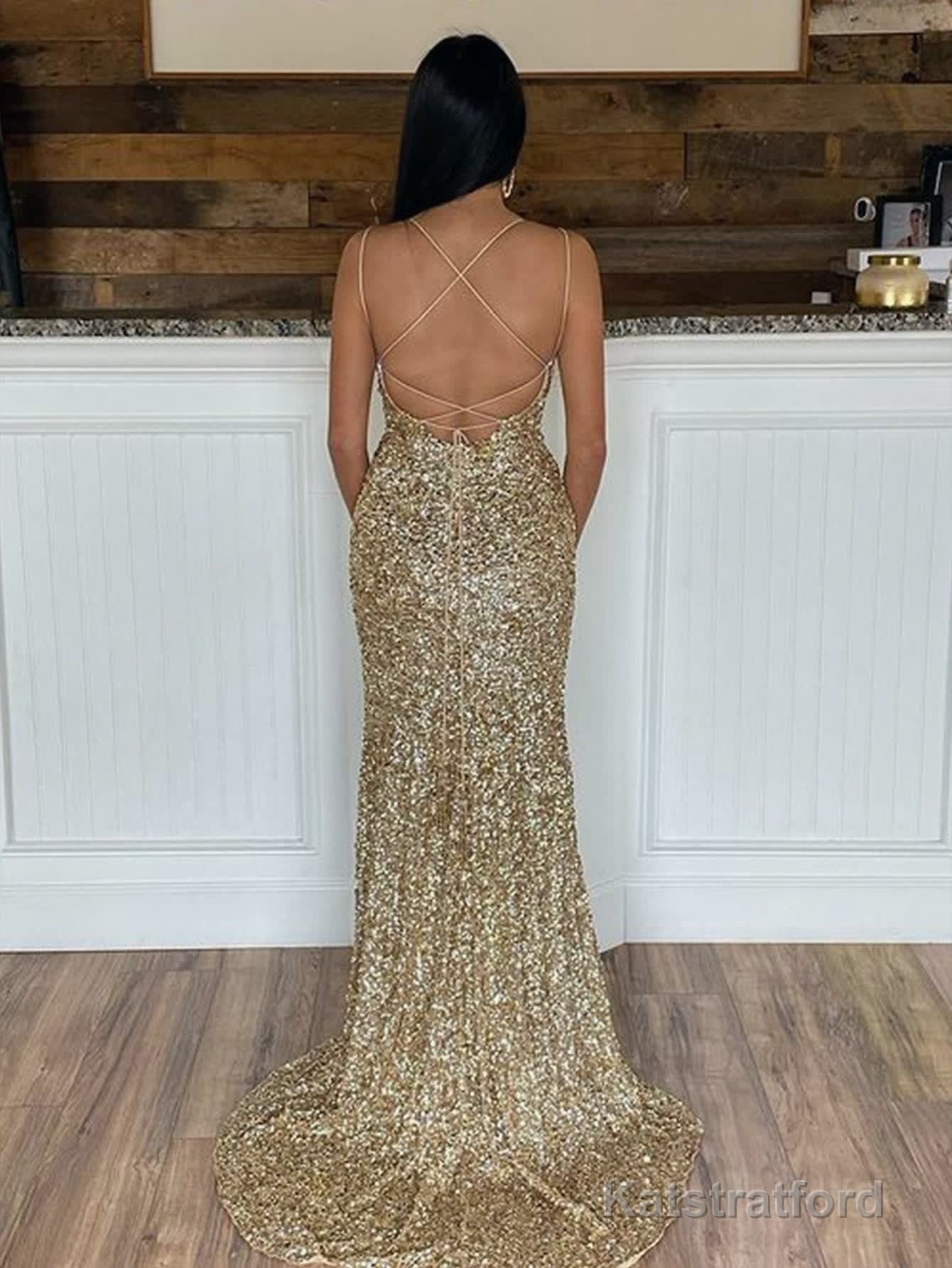 Mermaid Spaghetti Straps Long Sequins Prom Dress