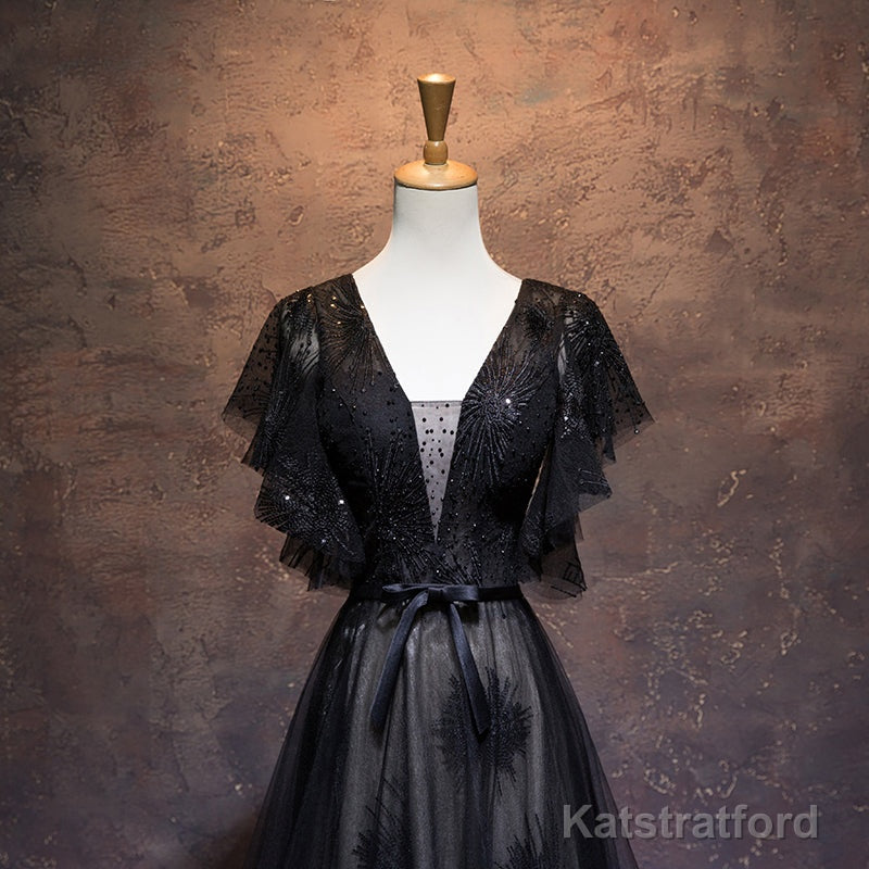 Modest Black Long A-line V-neck Black Prom Dresses Chic Party Dress