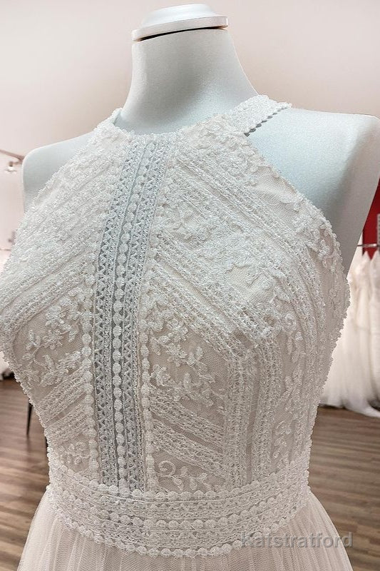 Modest Long A-line Halter Tulle Lace Backless Wedding Dresses