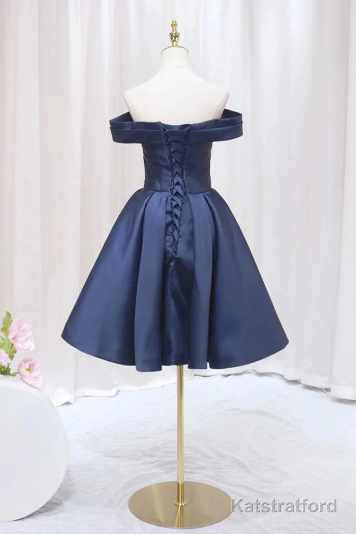Navy Blue Satin Off Shoulder Knee Length Party Dress, Navy Blue Homecoming Dress