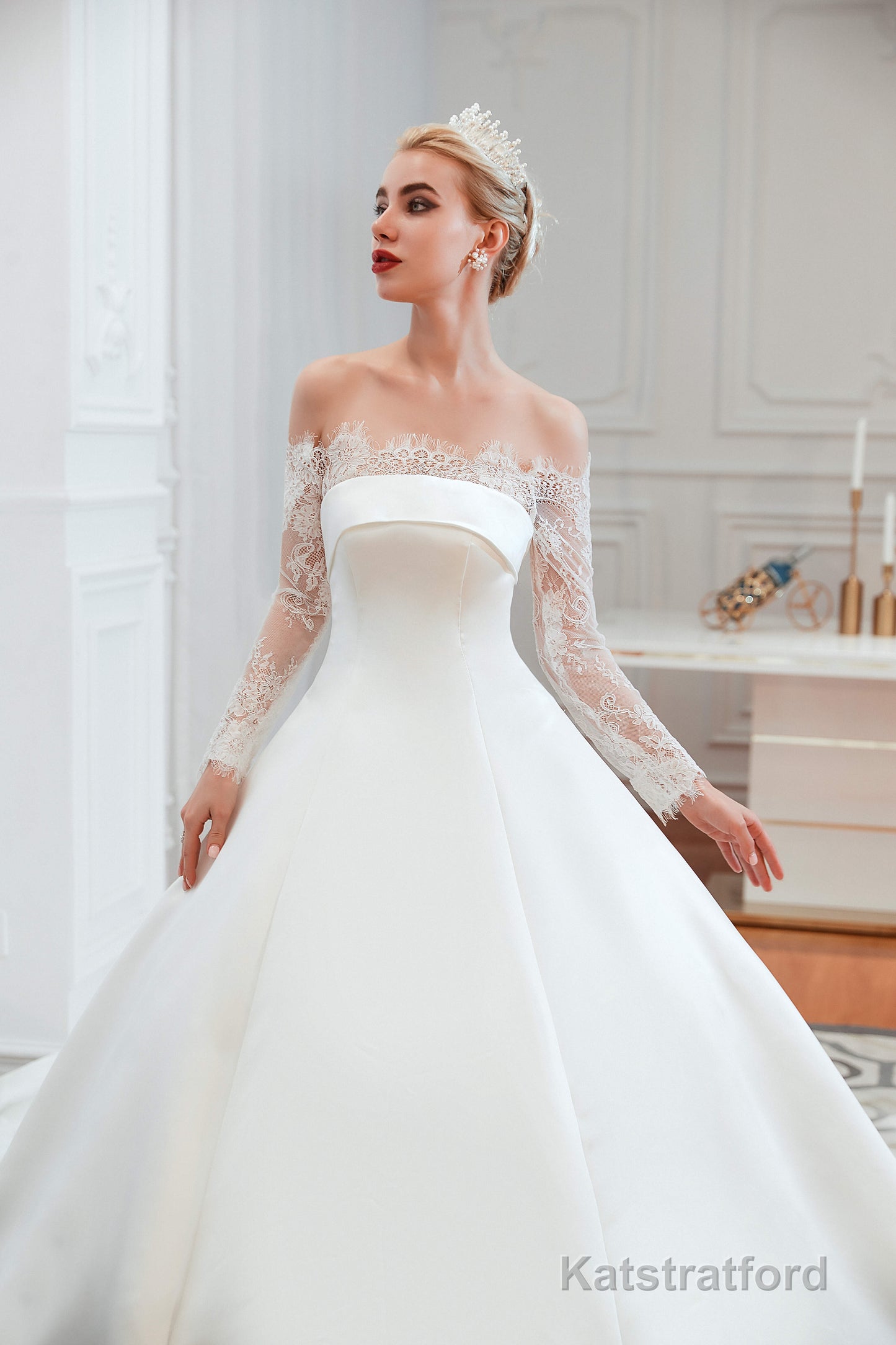 Off-Shoulder Lace Satin Wedding Dresses with Sleeves