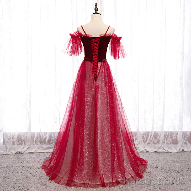 Off Shoulder Wine Red Velvet and Tulle Party Dress, A-line Tulle Floor Length Prom Dress