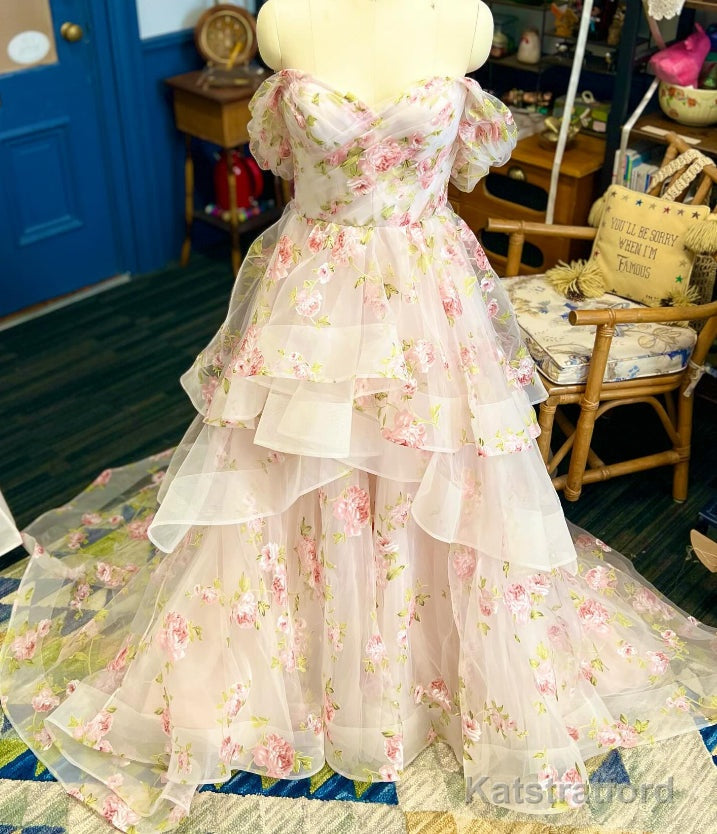 Off the Shoulder A-line Floral Wedding Dress with Ruffle Skirt