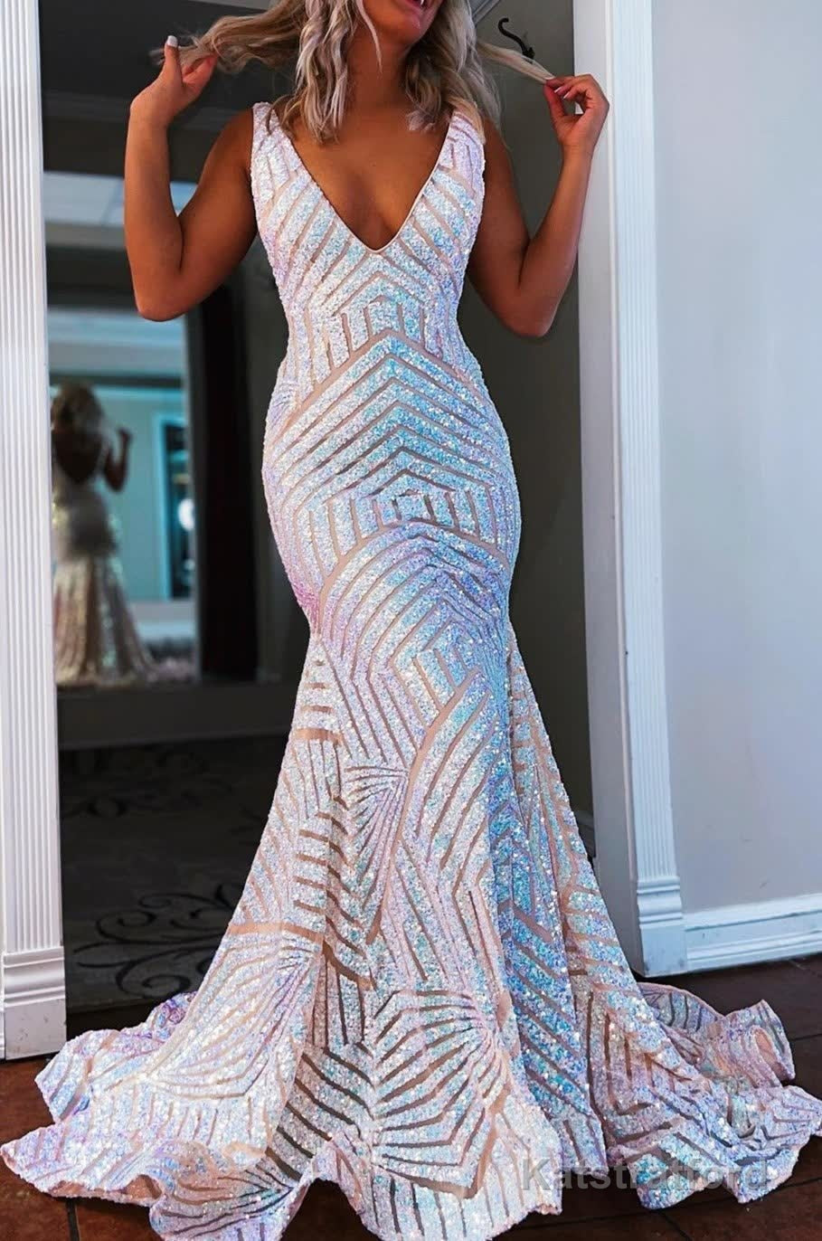 Orange Sparkly Deep V Neck Sequin Mermaid Prom Dress