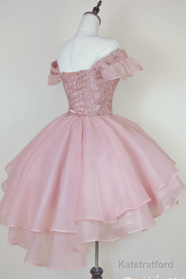 Pink Lace Homecoming Gown with Beading,Princess Off the Shoulder Hoco Dress