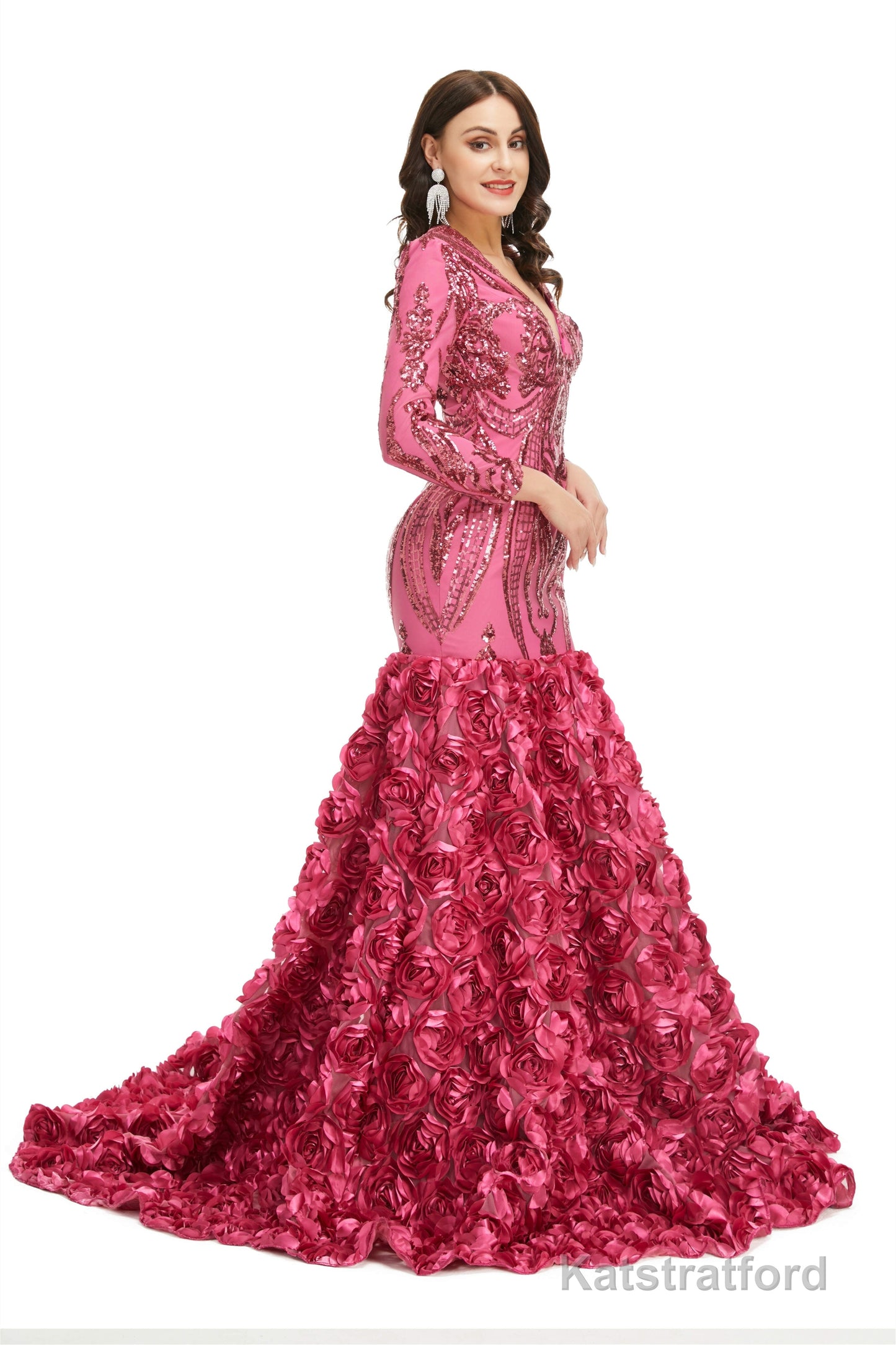 Sequins Mermaid Long V Neck Prom Dresses Full Sleeve