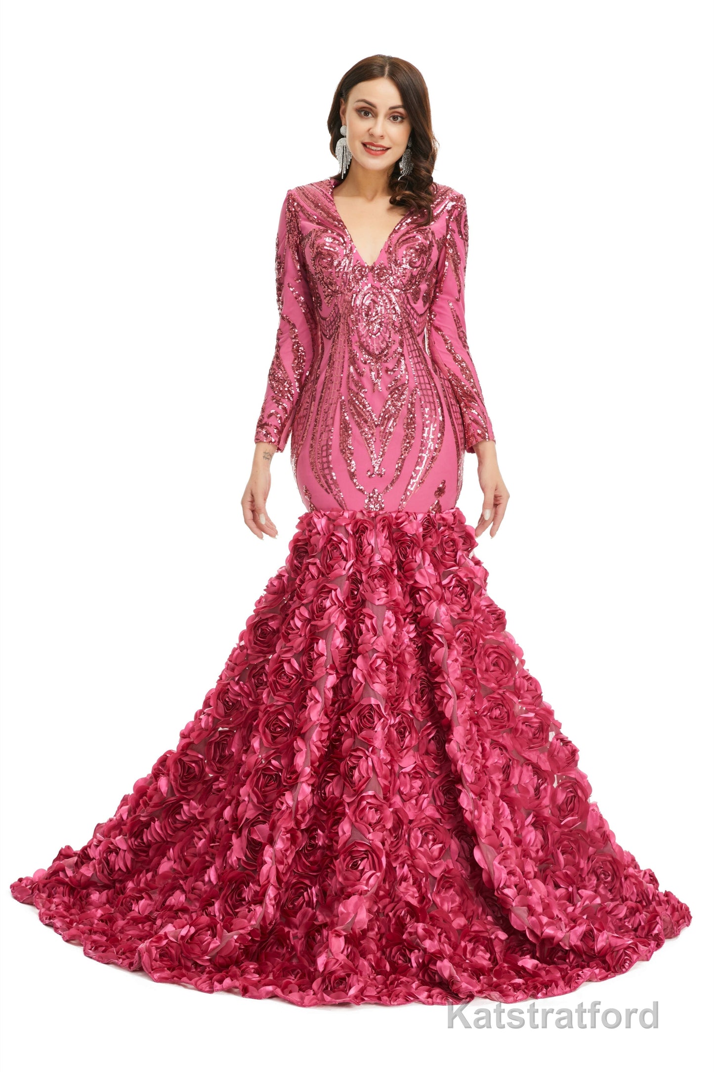 Sequins Mermaid Long V Neck Prom Dresses Full Sleeve