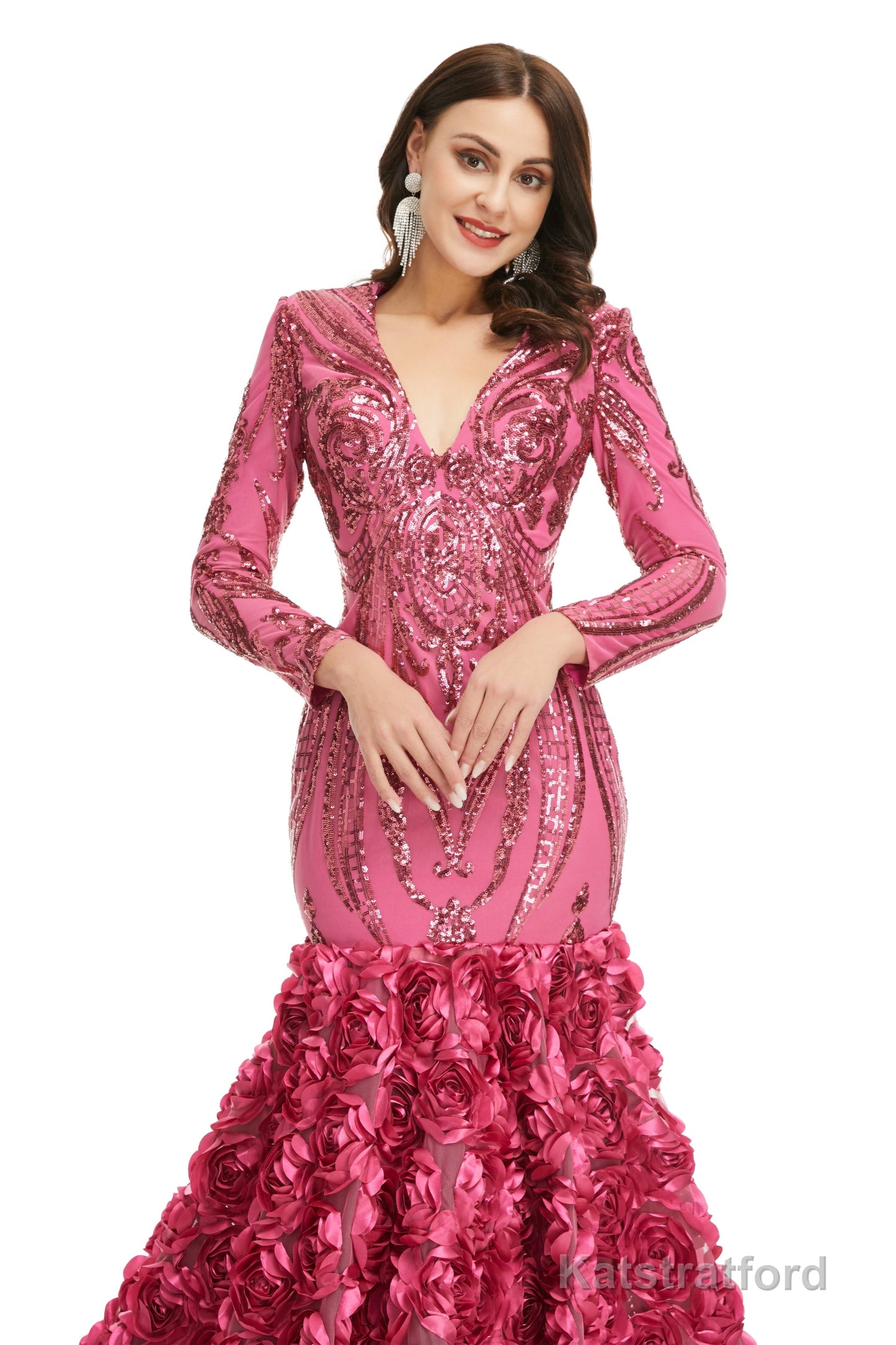 Sequins Mermaid Long V Neck Prom Dresses Full Sleeve