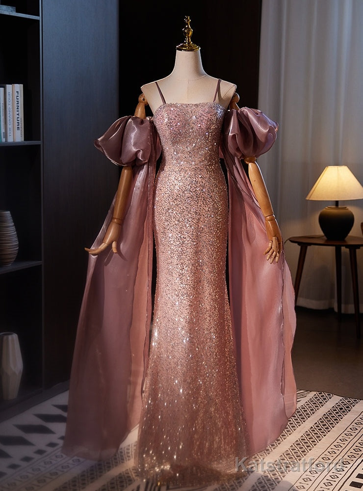 Pink Sequins Spaghetti Straps Prom Dress