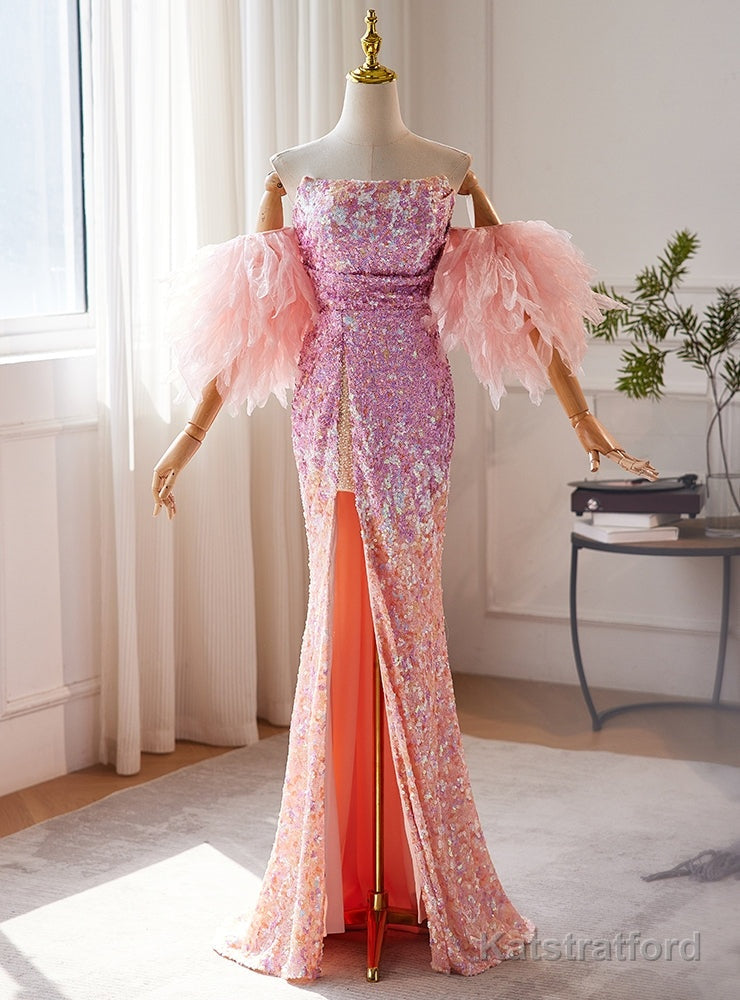 Pink Sequins Strapless Split Prom Dress