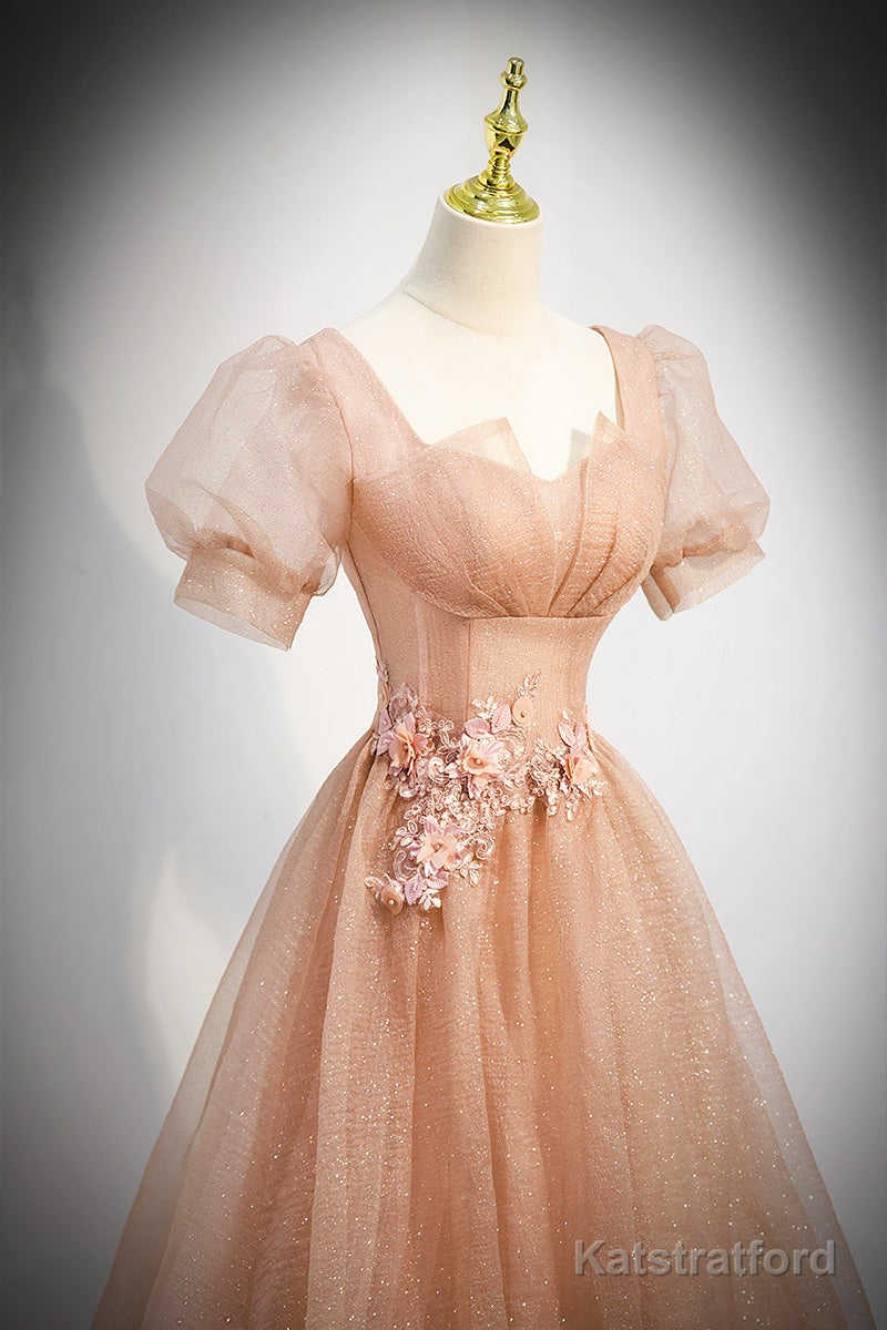 Pink Short Sleeves Tulle Party Dress, A-line Flower Lace Prom Dress