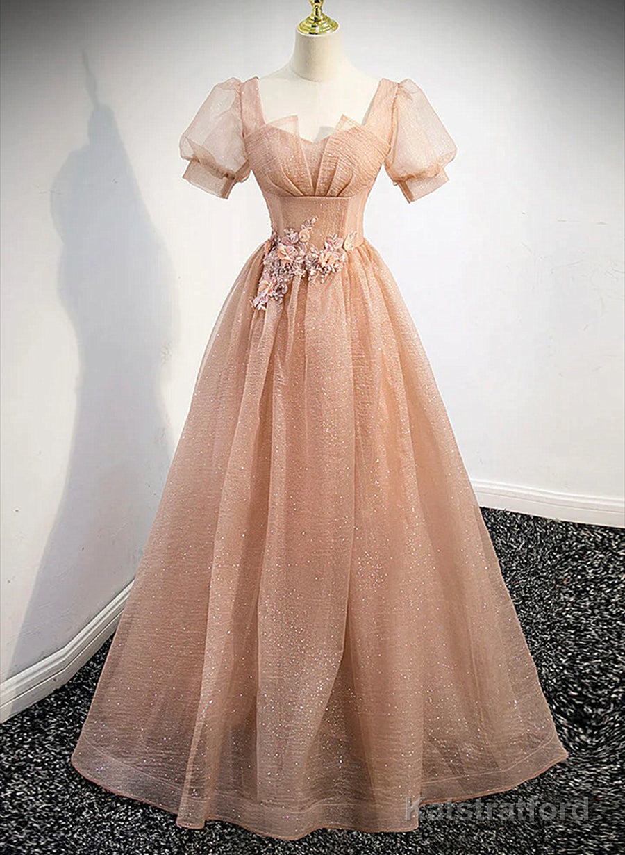 Pink Short Sleeves Tulle Party Dress, A-line Flower Lace Prom Dress