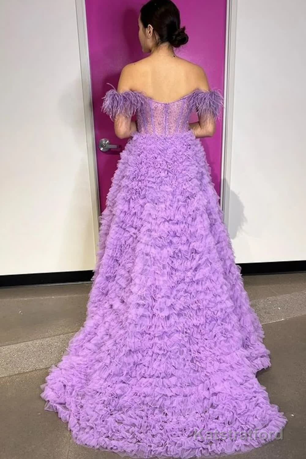 Princess A Line Off the Shoulder Pink Long Prom Dress with Feather