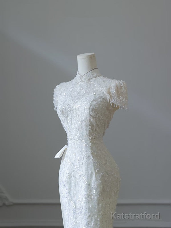 Princess Sheath High Neckline White Sequin Long Wedding Dresses Brides Dress