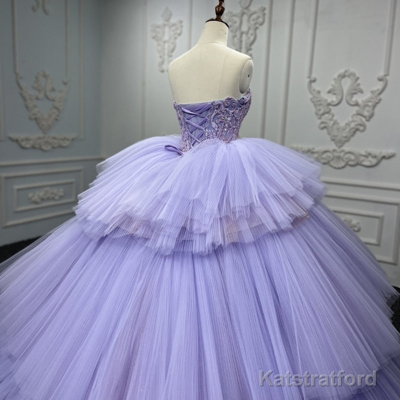 Quinceanera Dress Strapless Ball Gown Crystal Lavender