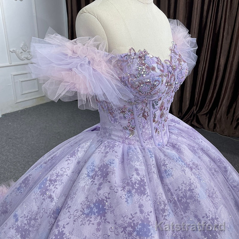 Quinceaera lace Off-the-Shoulder Ball Gown Purple Sequined Dress