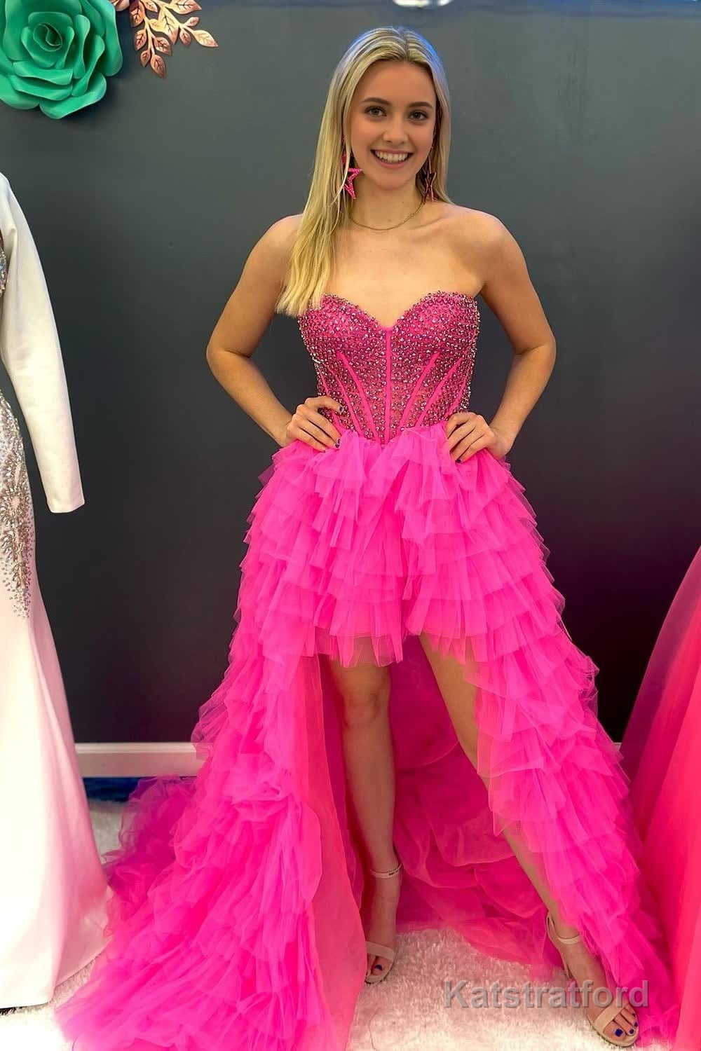 Red Beaded A-Line Tiered High Low Prom Homecoming Dress