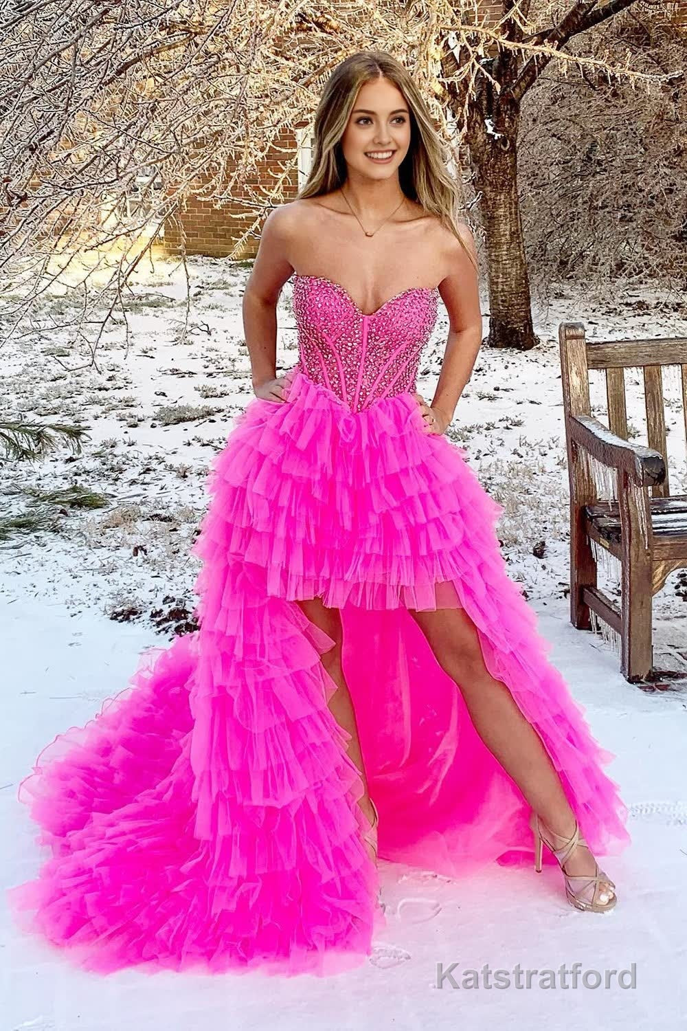 Red Beaded A-Line Tiered High Low Prom Homecoming Dress