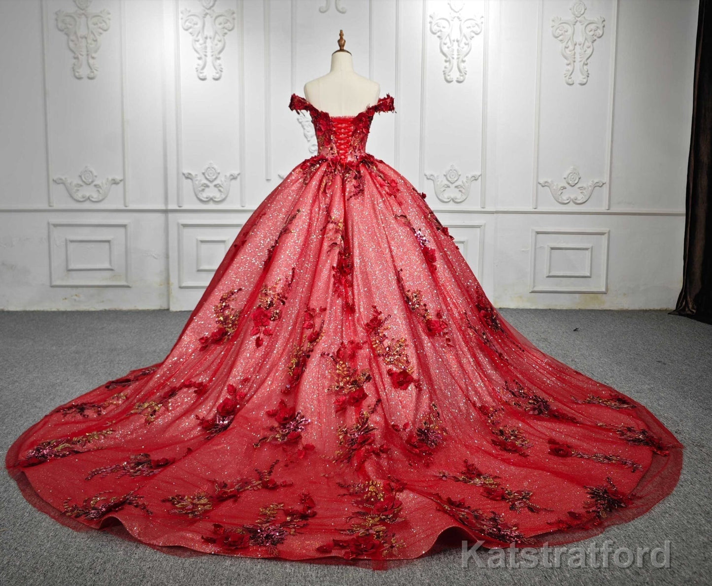 Red Flower Off-the-Shoulder Quinceaera Dress