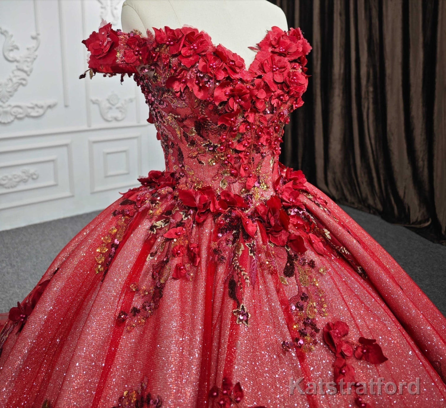 Red Flower Off-the-Shoulder Quinceaera Dress