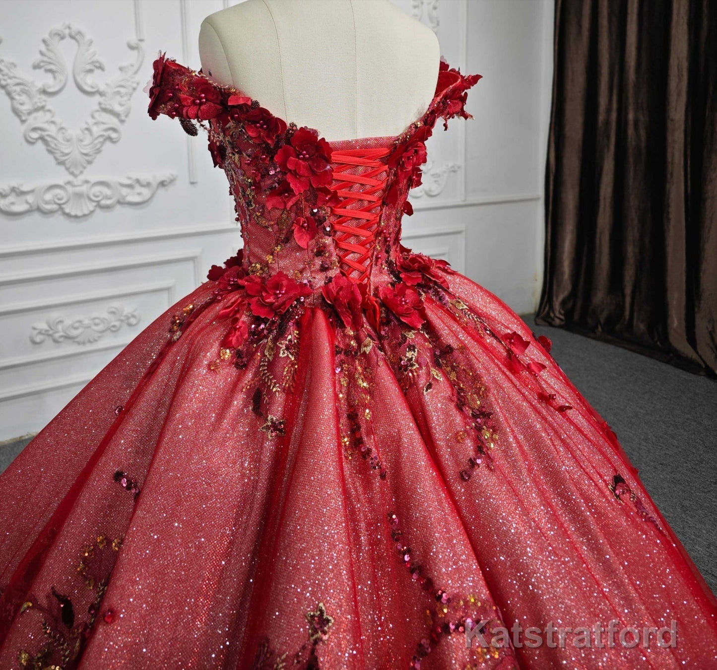 Red Flower Off-the-Shoulder Quinceaera Dress