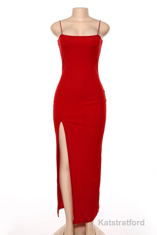 Red Party Dress, Gorgeous Spaghetti-Straps Mermaid Prom Dress Long With Split Evening gowns