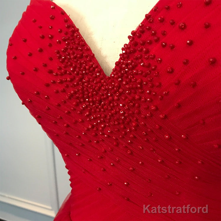 Red Sweetheart Straps Long Ball Gown Evening Dress, Red Tulle Prom Dress