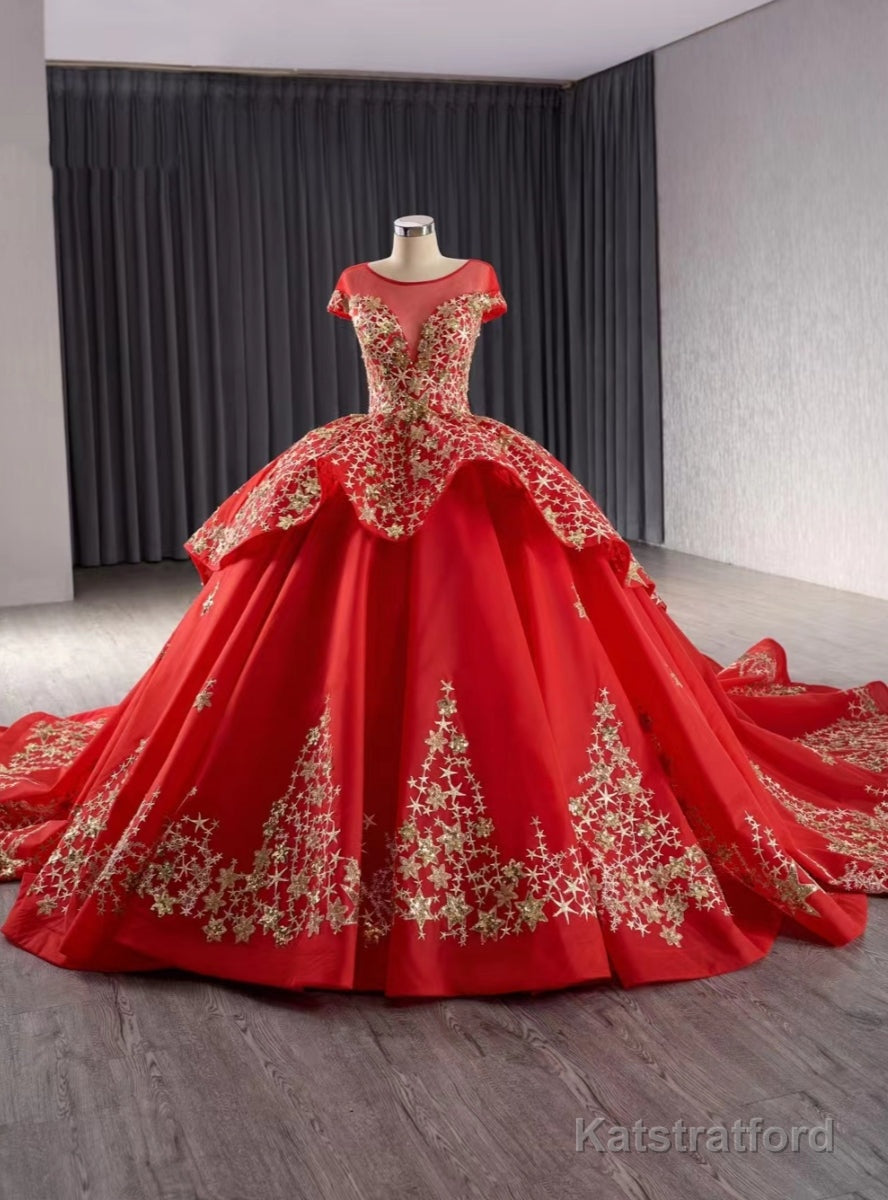 Red Tulle Sequins Cap Sleeve Prom Dress
