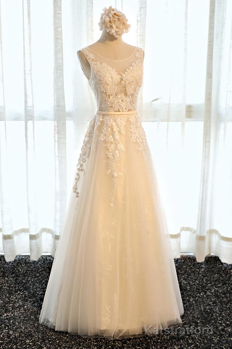 Round Neck Champagne Lace Prom Dresses with Corset Back, Champagne Lace Formal Evening Bridesmaid Dresses