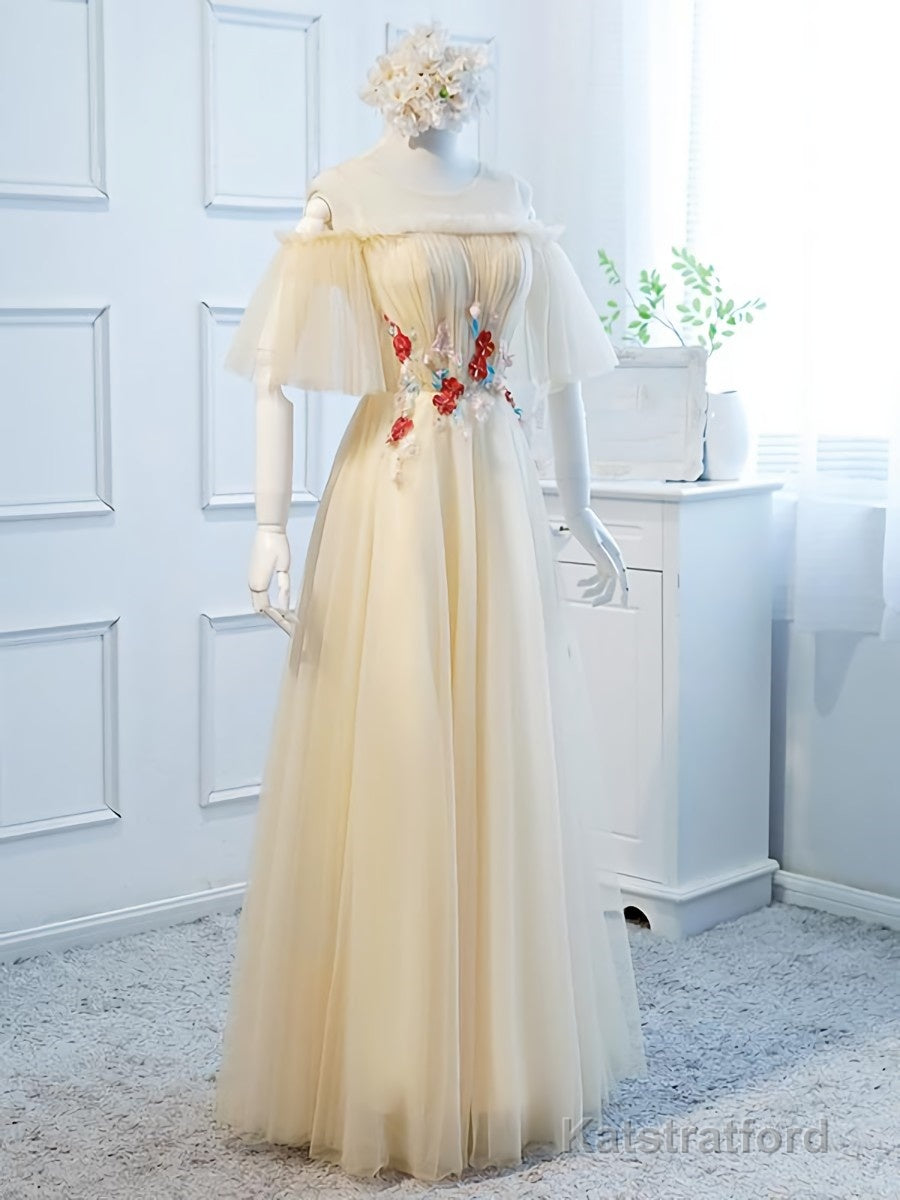 Round Neck Floral Champagne Long Prom Dress with Corset Back, Champagne Long Formal Bridesmaid Dresses