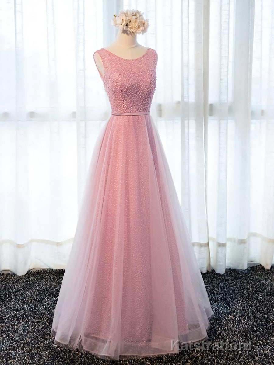Round Neck Pink Beaded Long Prom Dresses, Pink Long Formal Evening Dresses