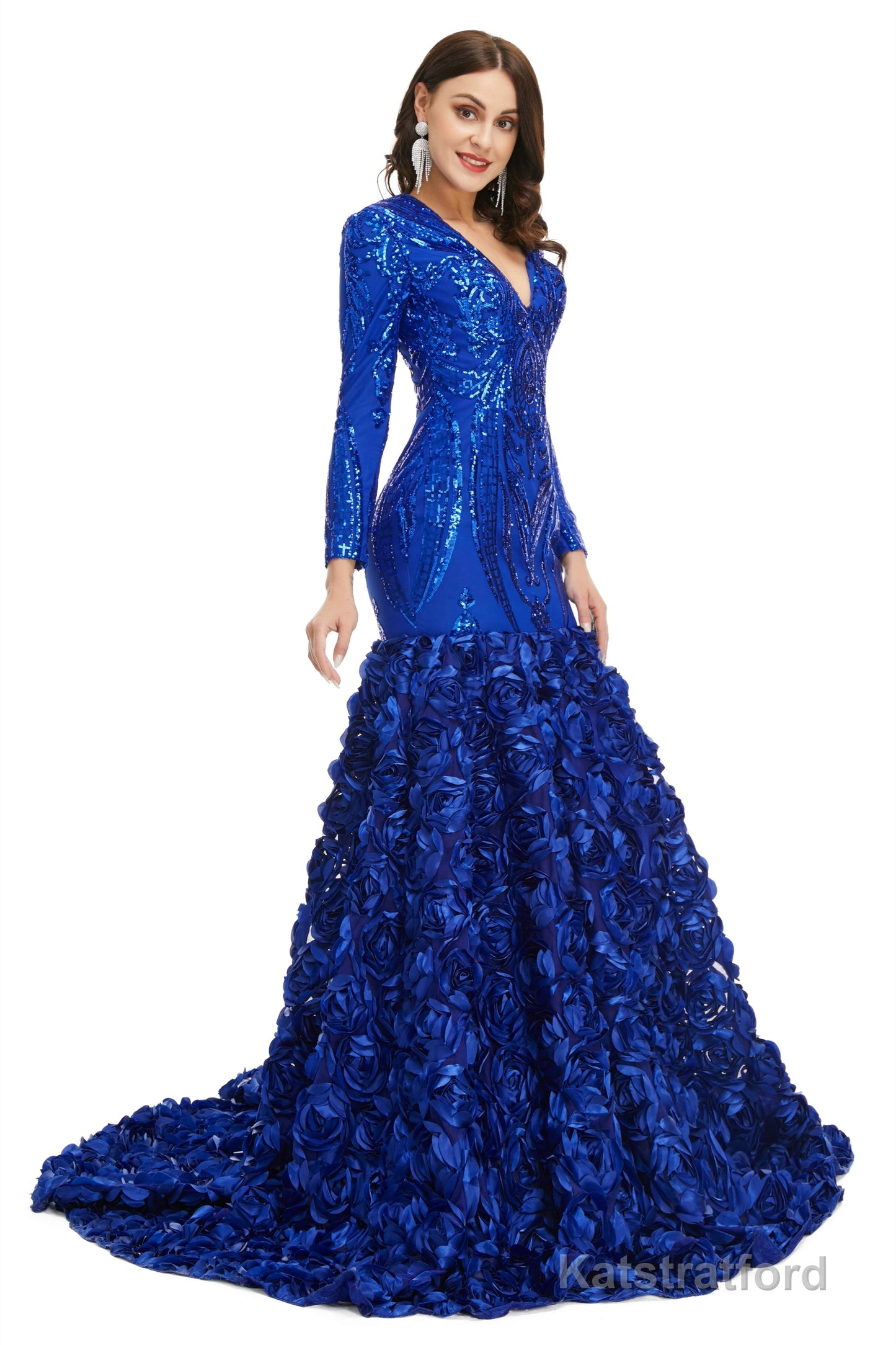 Sequins Mermaid Long V Neck Prom Dresses Full Sleeve