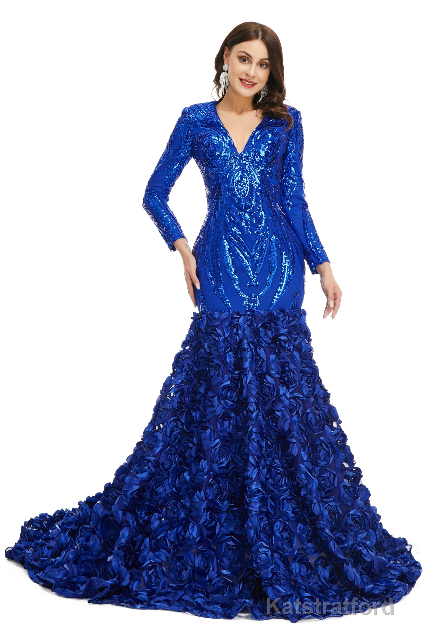 Sequins Mermaid Long V Neck Prom Dresses Full Sleeve