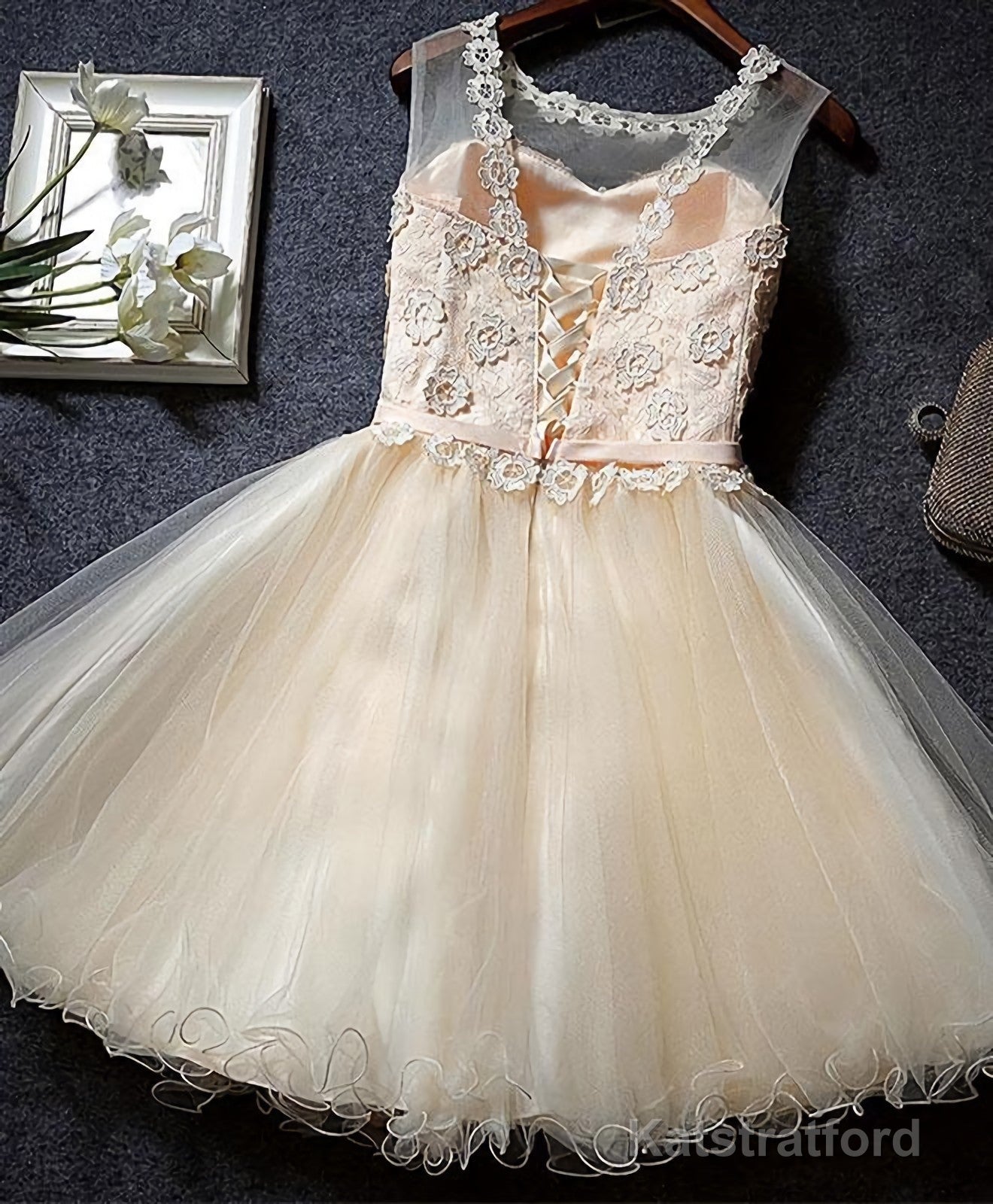 Cute Champagne A Line Lace Short Prom Dress, Homecoming Dress