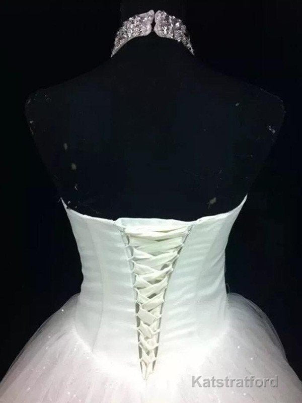 Sequin Ball Gown Sleeveless Floor Length Beading Tulle Halter Wedding Dresses