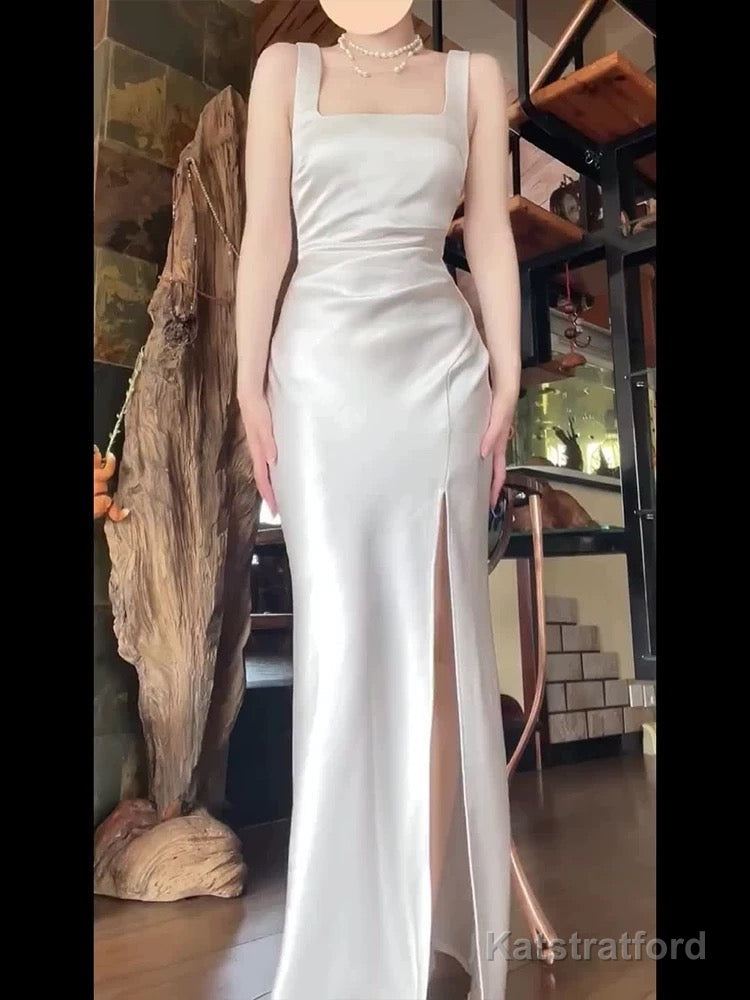 Sexy Mermaid Square Neckline White Slit Long Evening Dress Prom Dresses Birthday Outfits