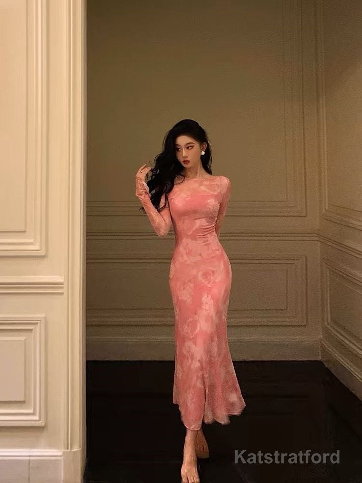 Sexy Sheath Pink Floral Long Sleeves Prom Dresses Birthday Outfits