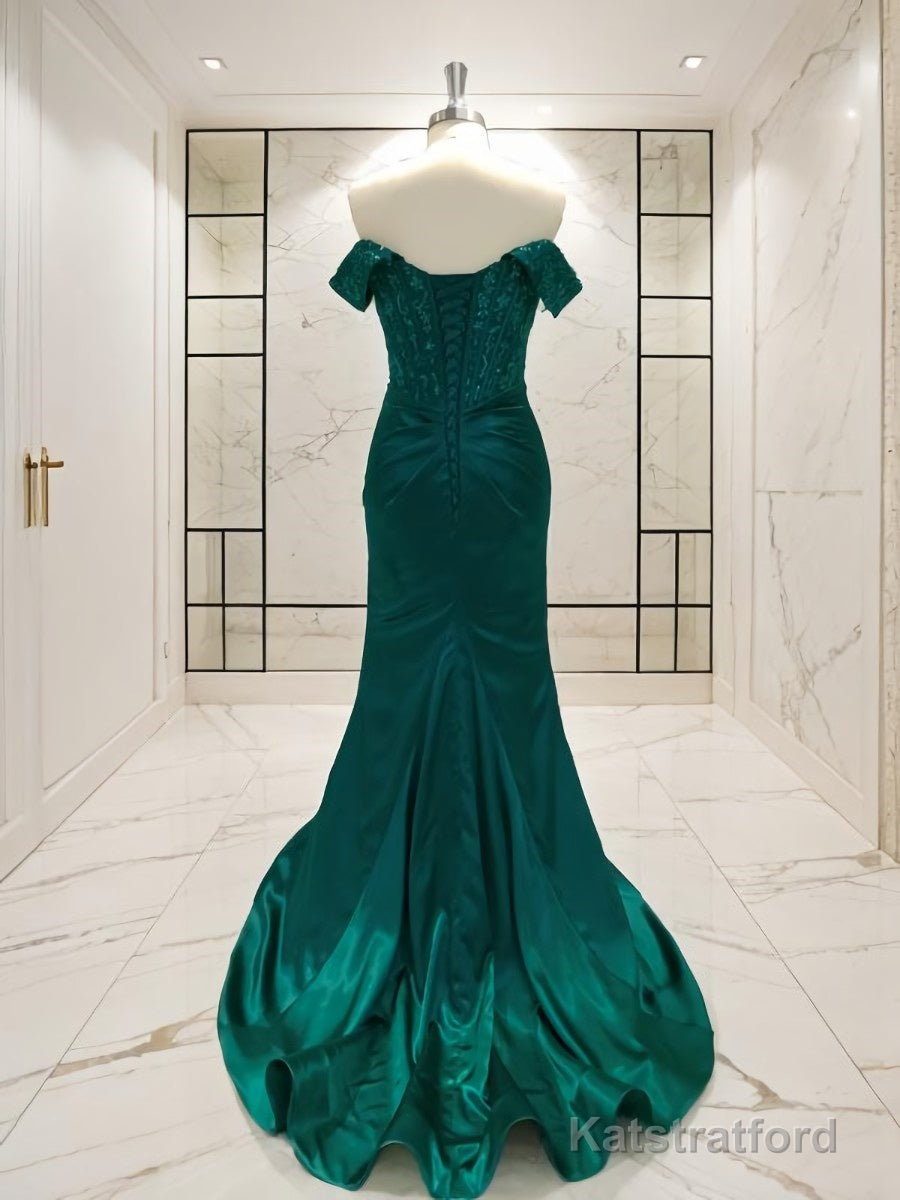 Sheath/Column Off-the-Shoulder Sweep Train Elastic Woven Satin Prom Dresses With Leg Slit