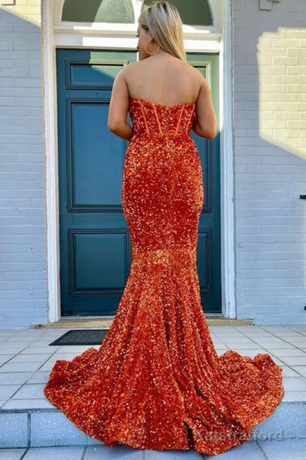 Sheath Sweetheart Blue Sequins Floor Length Prom Dress with Split Front