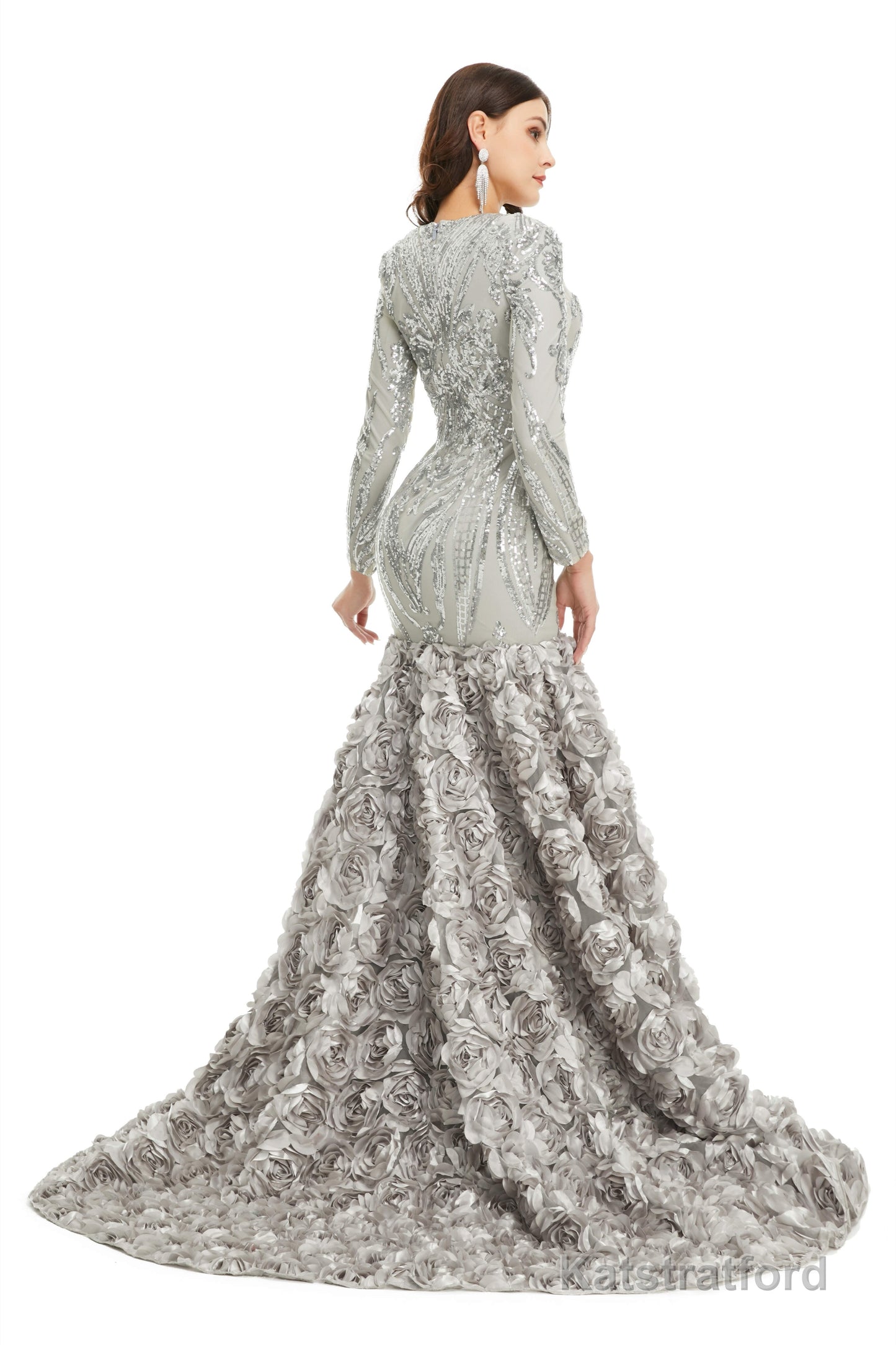 Sequins Mermaid Long V Neck Prom Dresses Full Sleeve